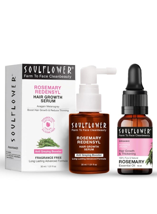 Soulflower Rosemary Essential Oil 15ml & Rosemary Redensyl Hair Growth Serum 30ml with 4% Anagain, 1% Melanogray, Caffeine, Biotin for Hair Growth, Hairfall Control & Healthy Scalp | Pack of 2 - Image 1